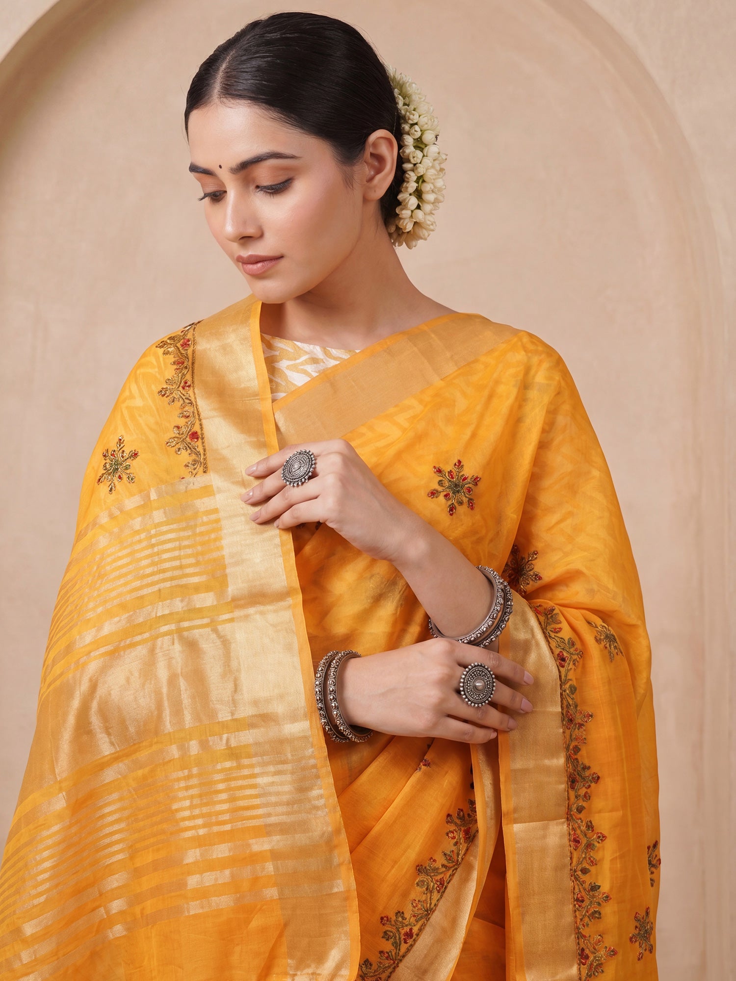 Mustard Cotton Linen saree – detail view 4