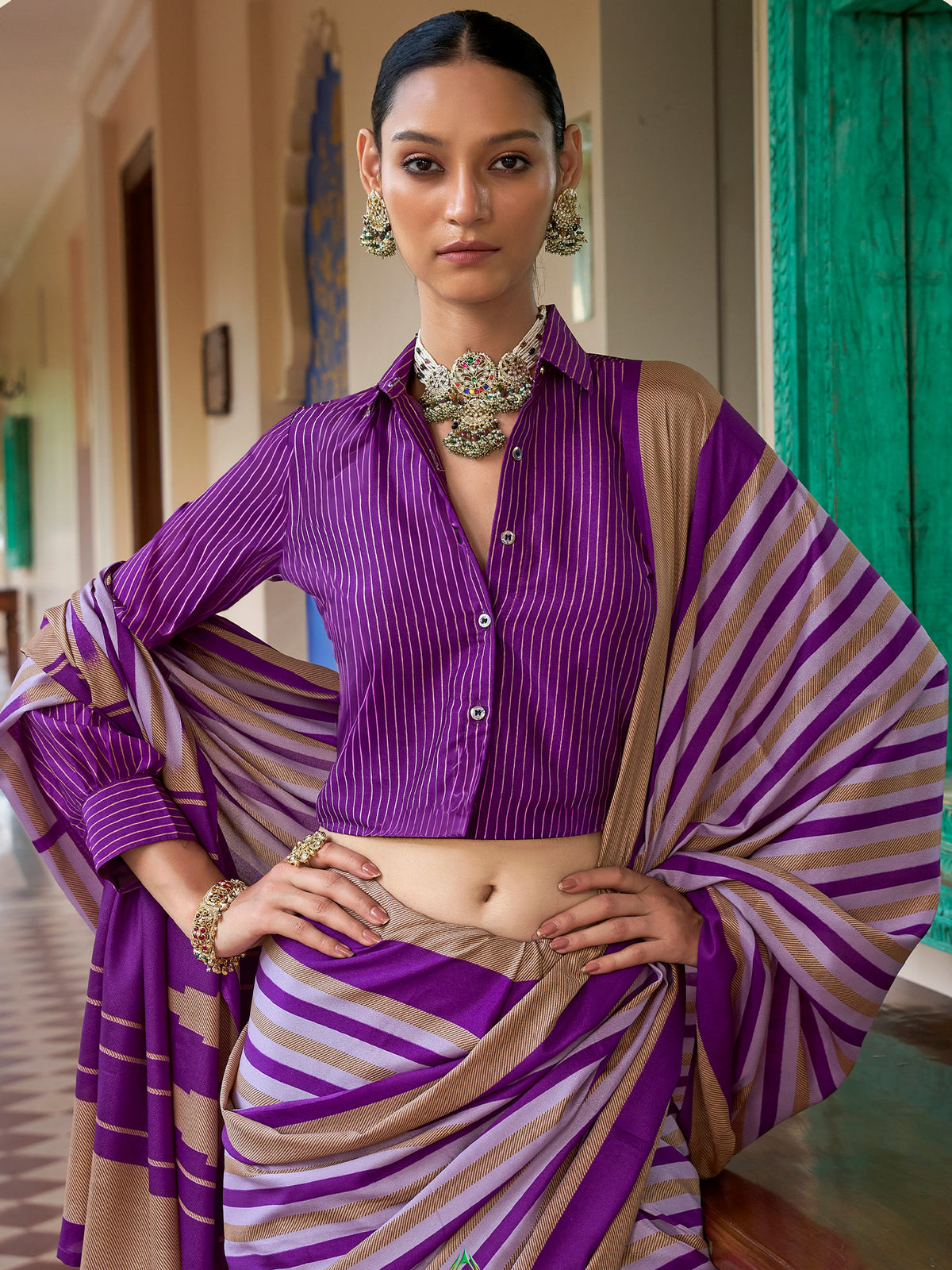 Purple crepe saree view 1