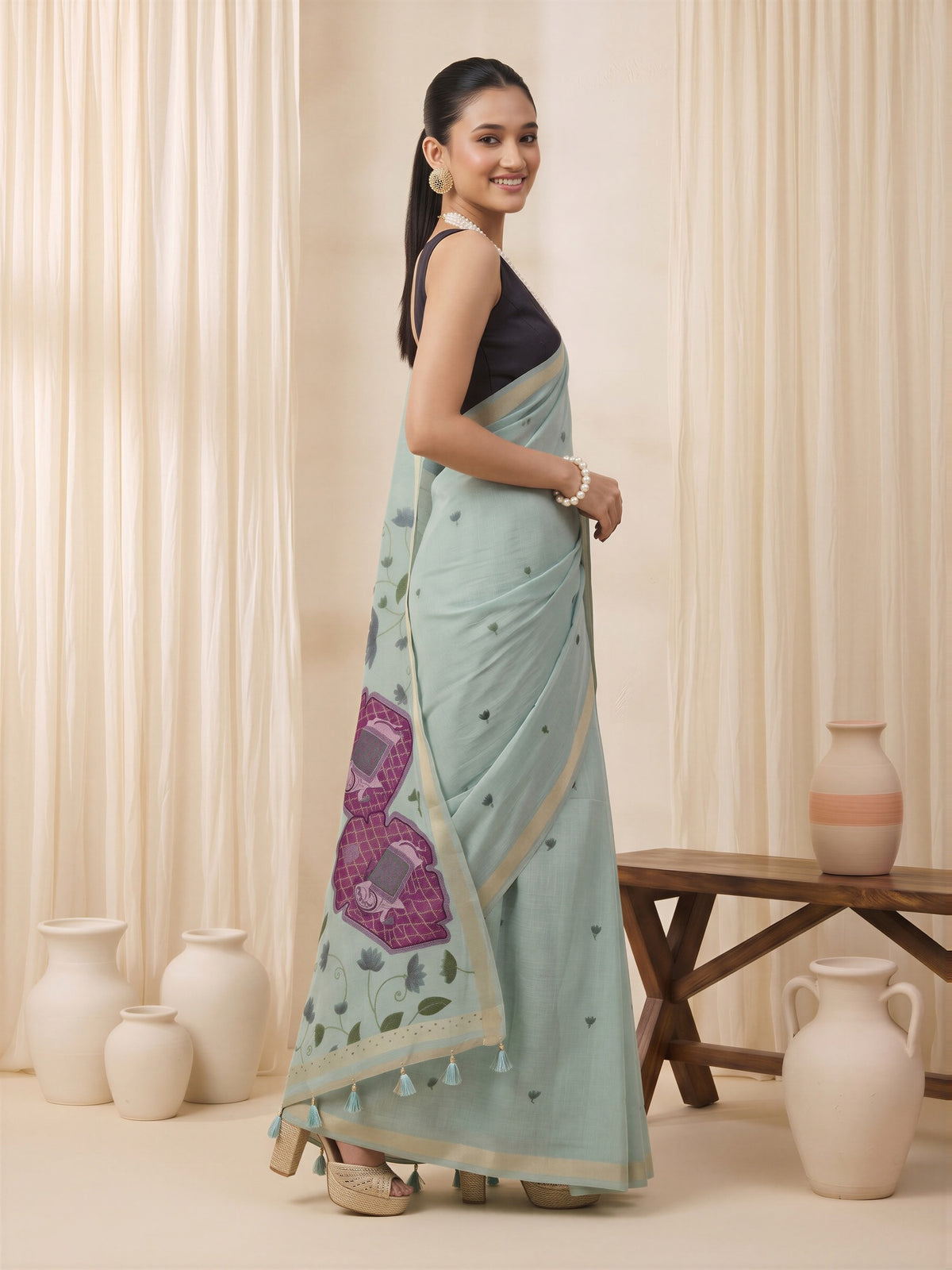 Teal Blue Pure Cotton saree – detail view 1