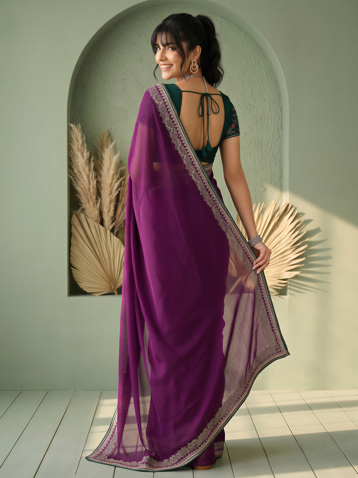 Purple Vichitra Silk saree – detail view 1