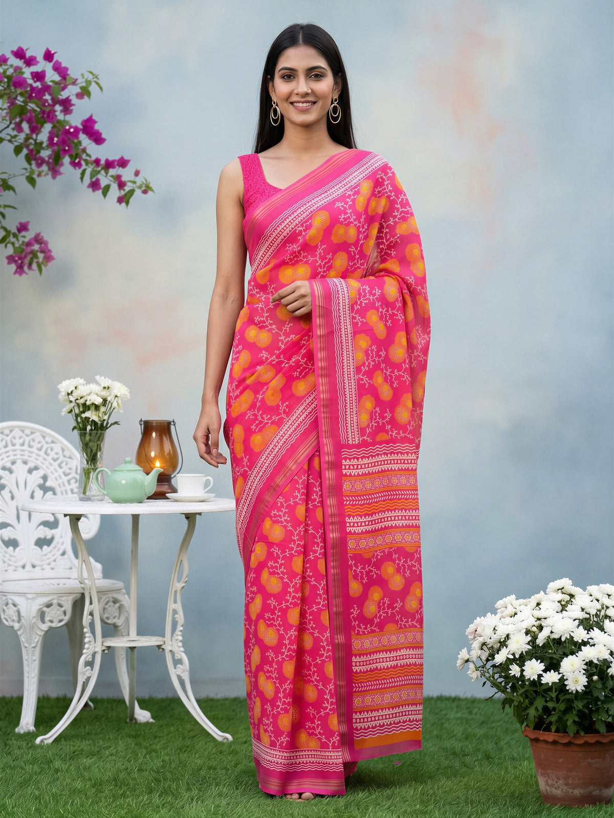 Woman wearing pink crepe saree with botanical floral and leaf design and pink blouse
