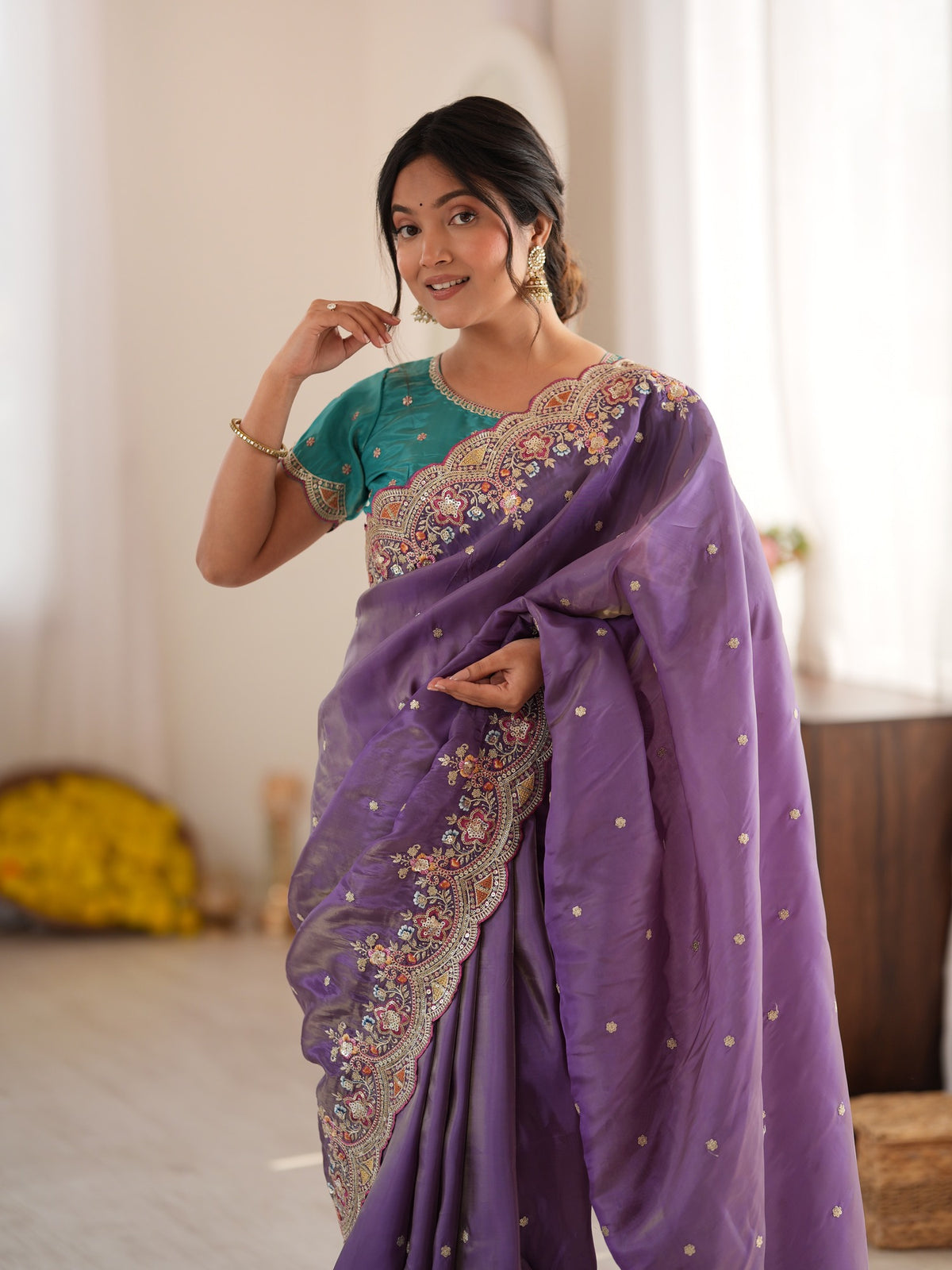 Lavender Satin saree – detail view 4