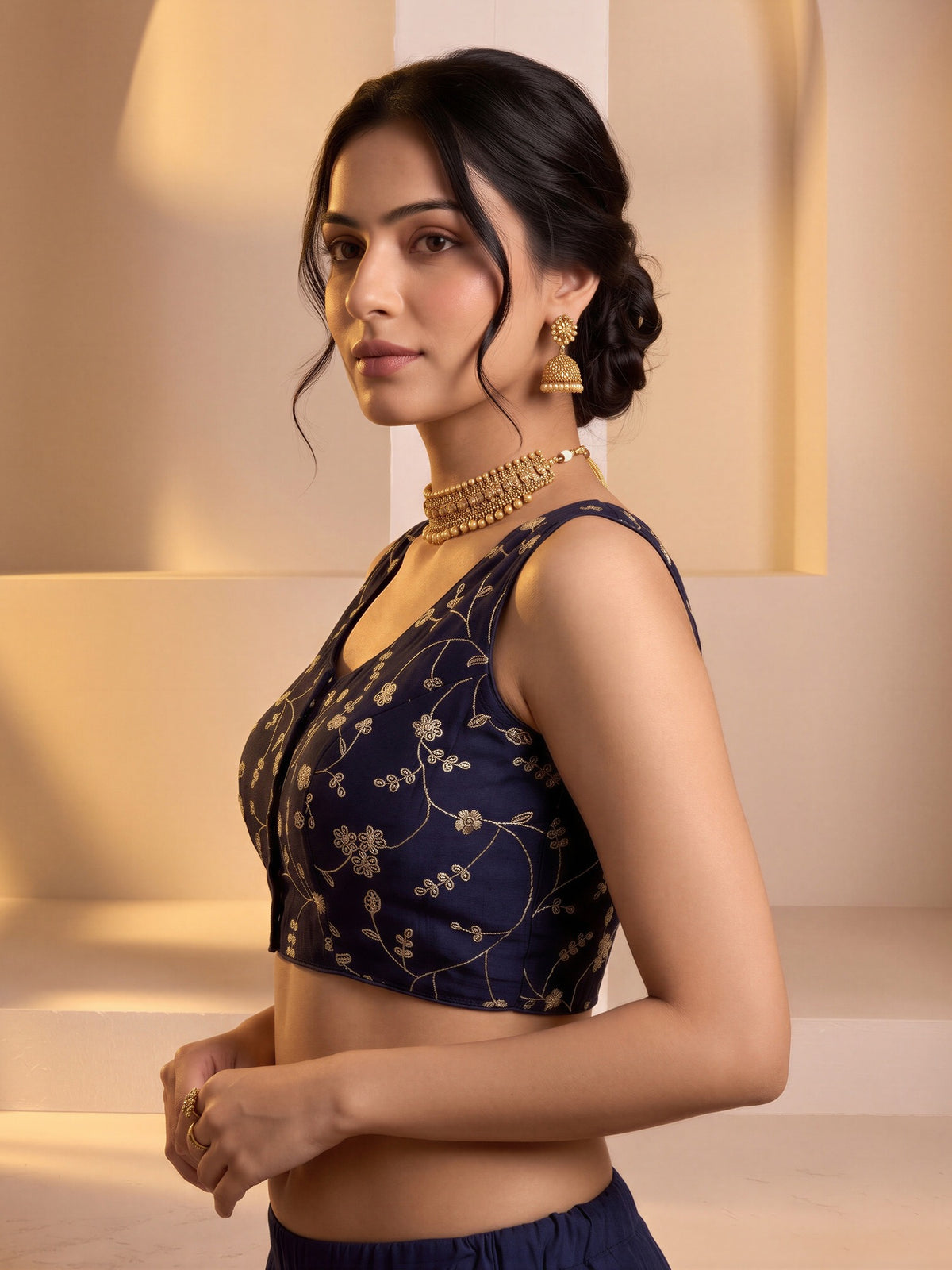 Navy Blue sequin embroidered vichitra silk sleeveless readymade saree blouse with round neck view 2