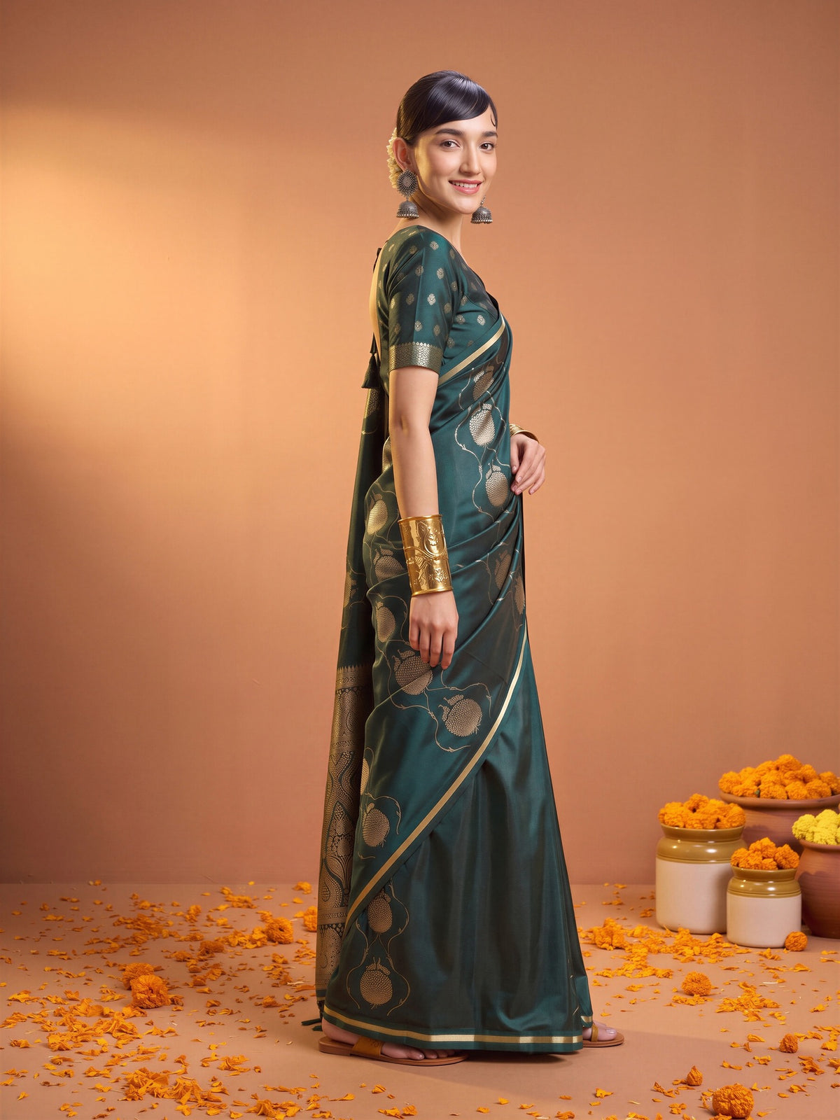 Green Satin saree – detail view 2