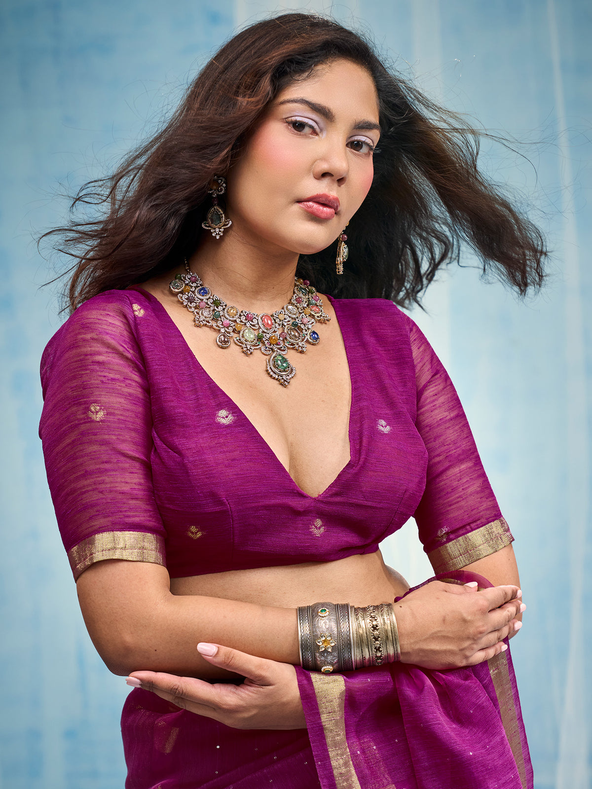 Unstitched magenta muga silk blouse piece with zari butta design