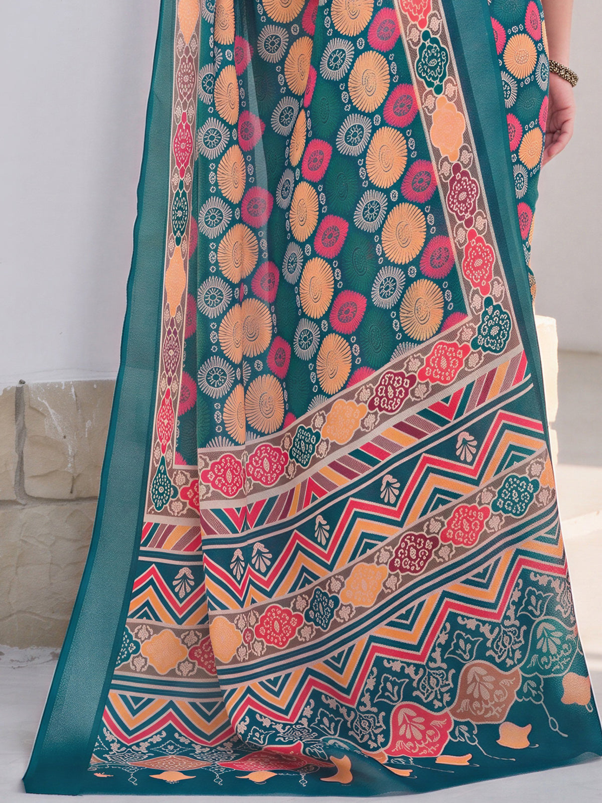 Teal Blue Cotton Linen saree – detail view 5