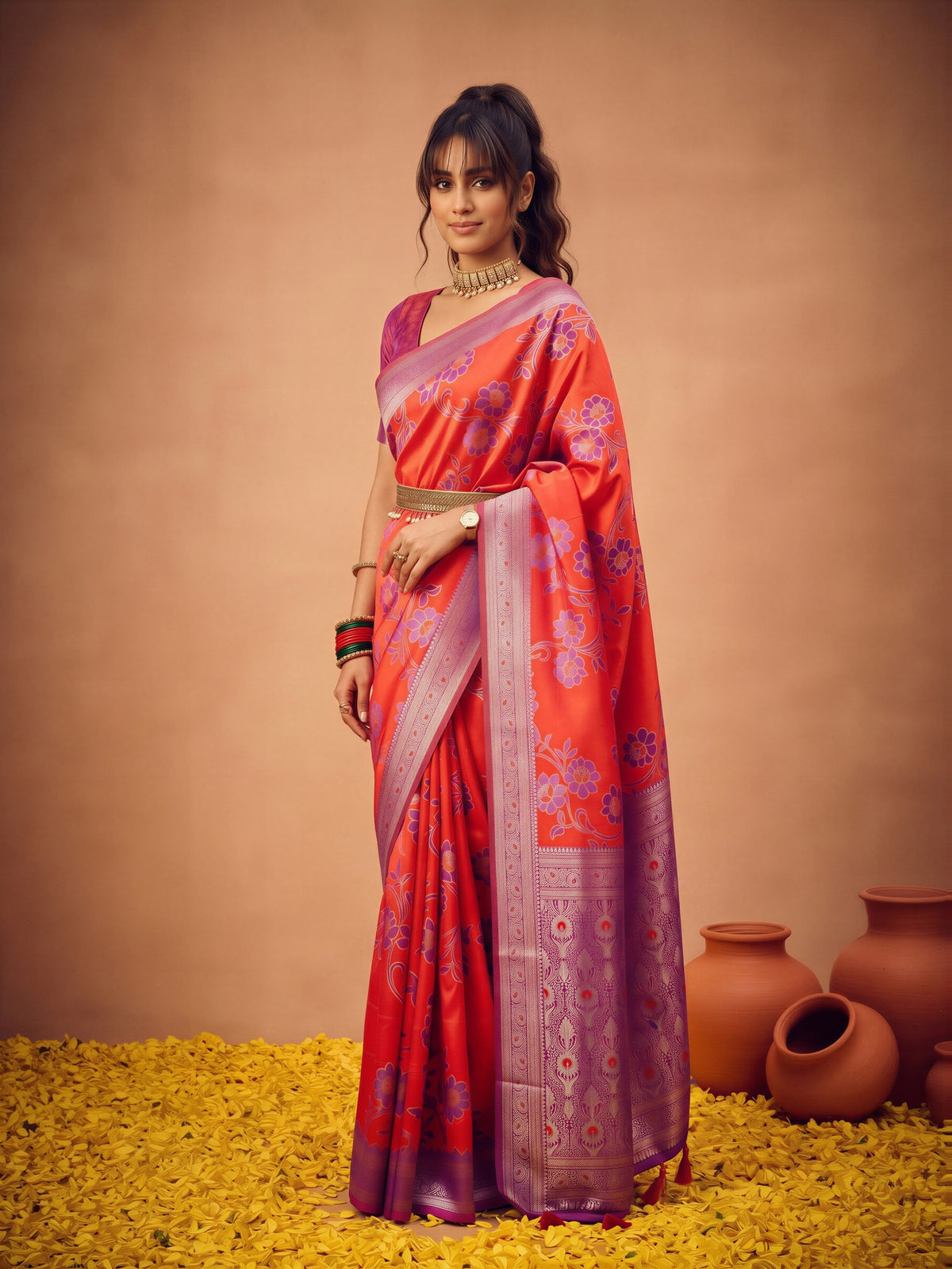 Red Satin Silk saree – detail view 2