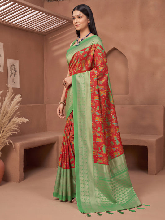 Red Cotton Blend saree – detail view 2