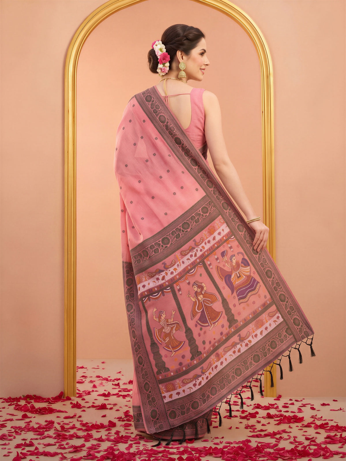 Peach cotton blend saree view 1