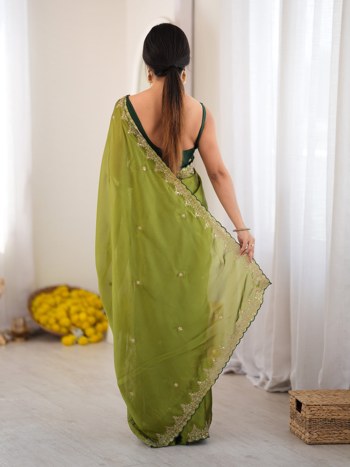 Olive Georgette saree – detail view 2