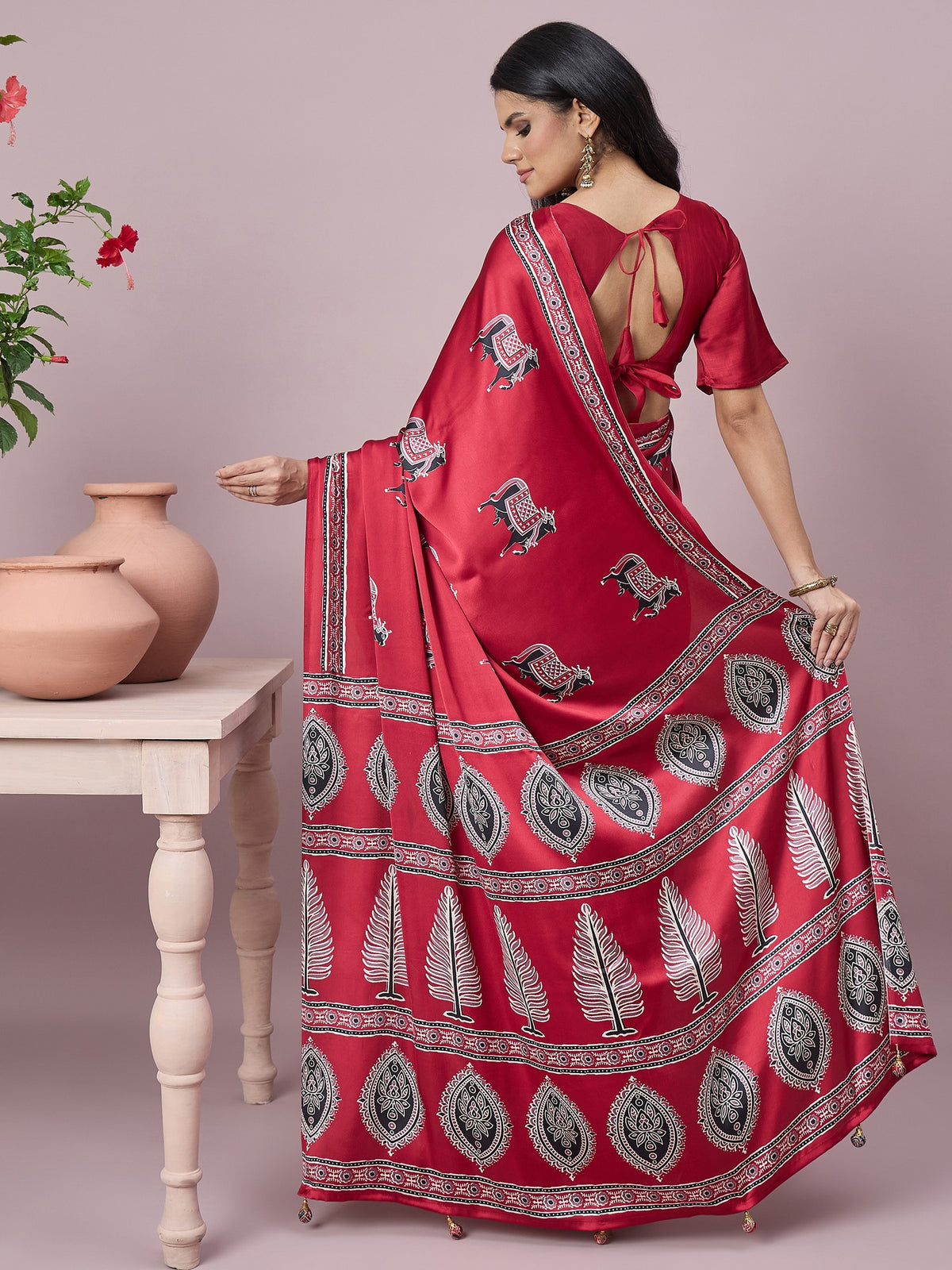 Red satin saree view 2