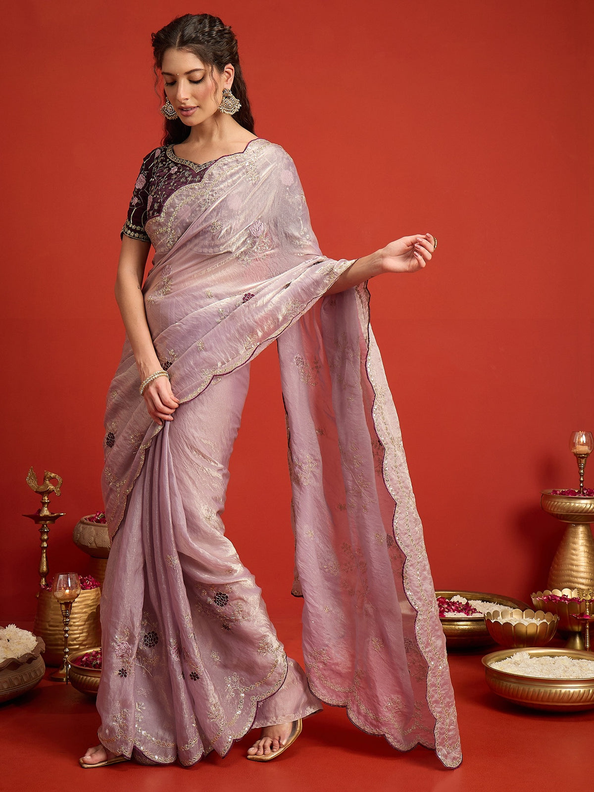 Lavender Satin Silk saree – detail view 2