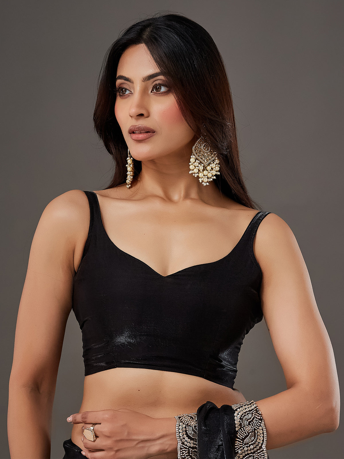 Unstitched black satin blouse piece with solid design