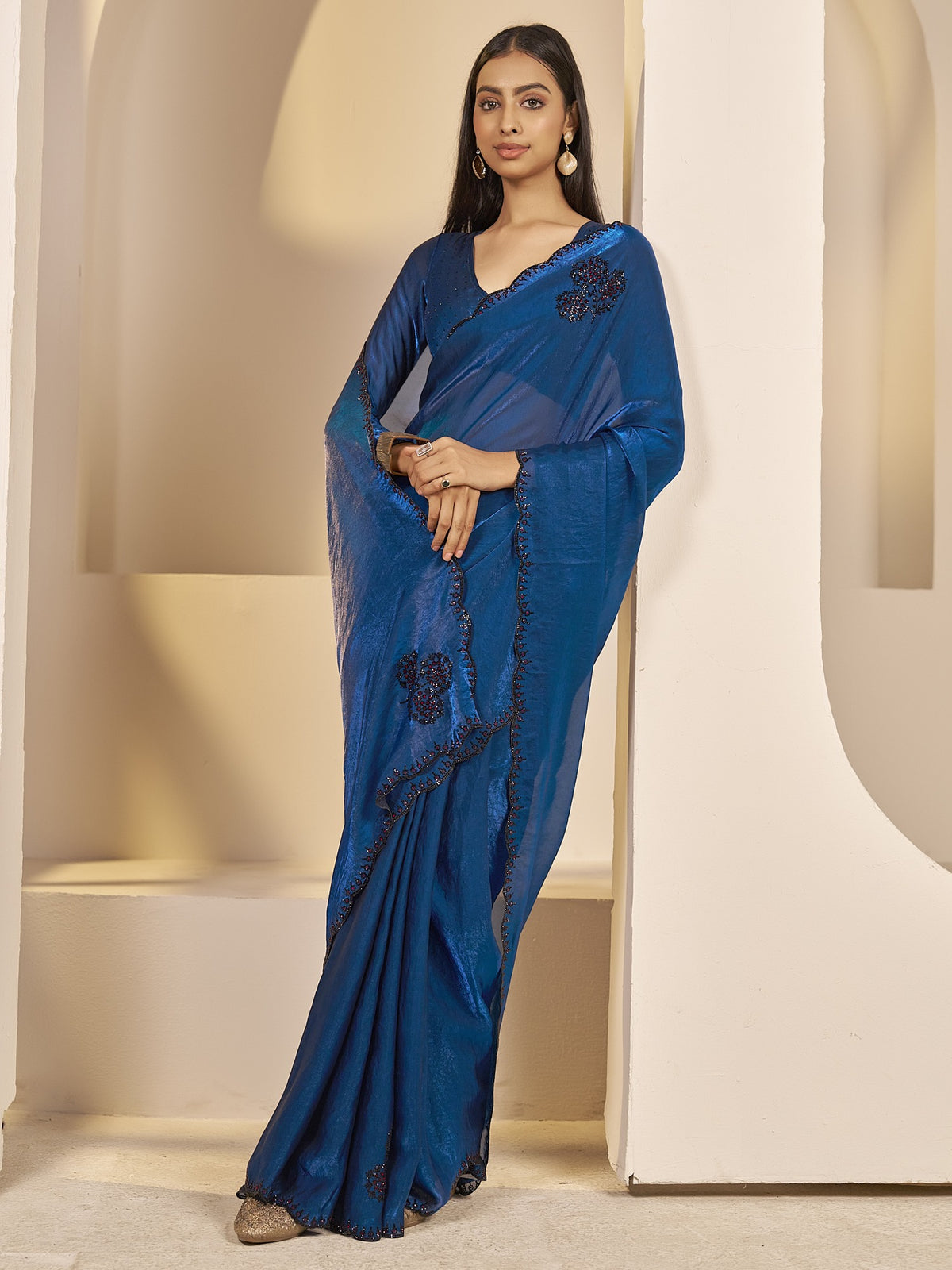 Teal Blue satin silk saree view 2