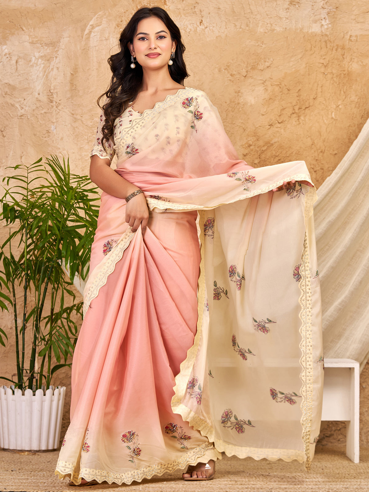 Peach Georgette saree – detail view 2