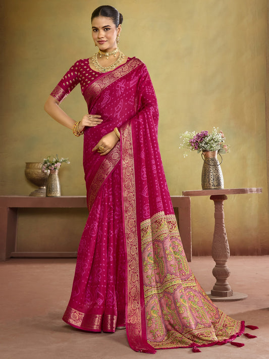 Pink ethnic motif tussar silk saree with pink blouse piece