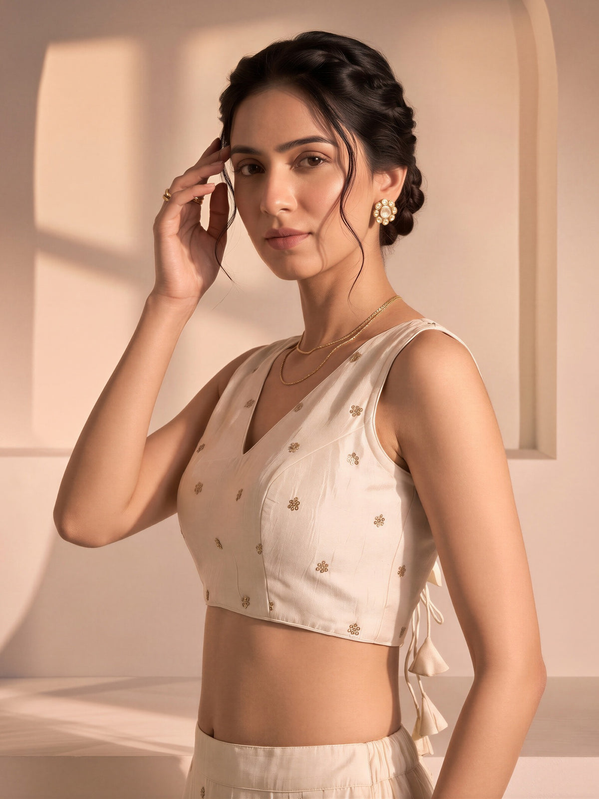 White sequin embellished vichitra silk sleeveless readymade saree blouse with v neck view 3