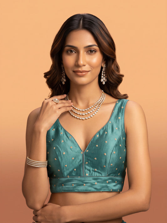 Light Blue sequin embellished silk blend sleeveless readymade saree blouse with v neck