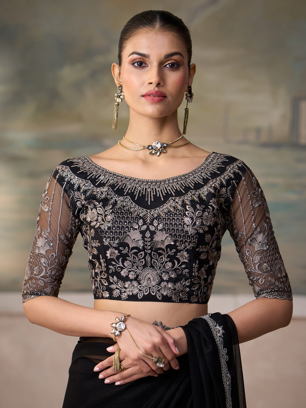 Unstitched black chiffon blouse piece with embellished design