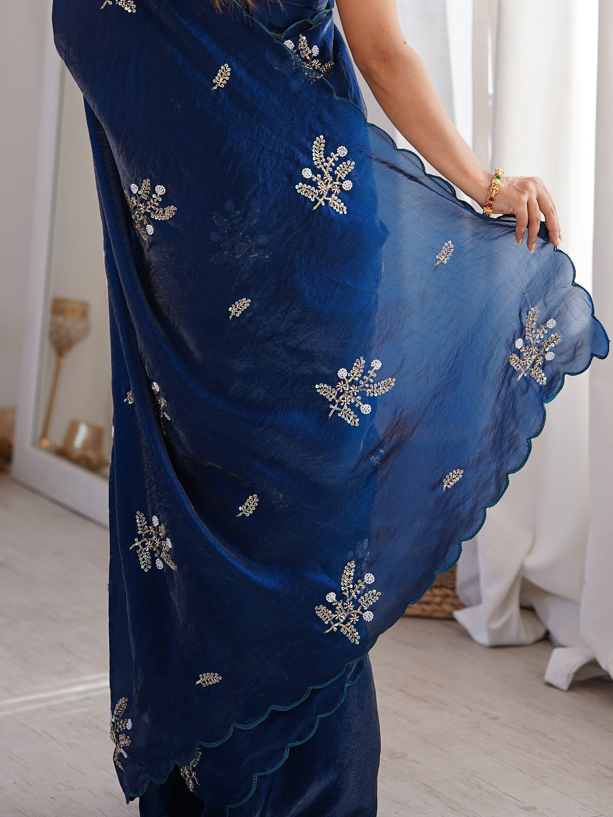 Navy Blue Satin saree – detail view 5