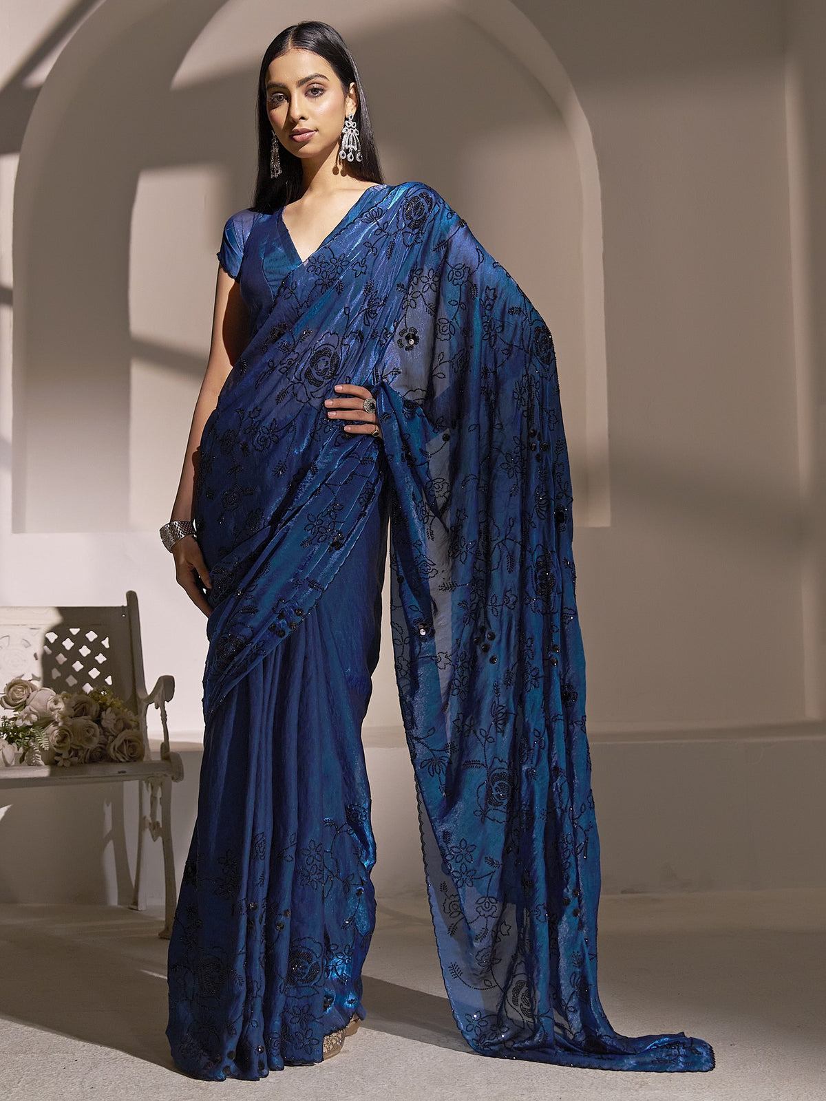 Teal Blue satin silk saree view 3