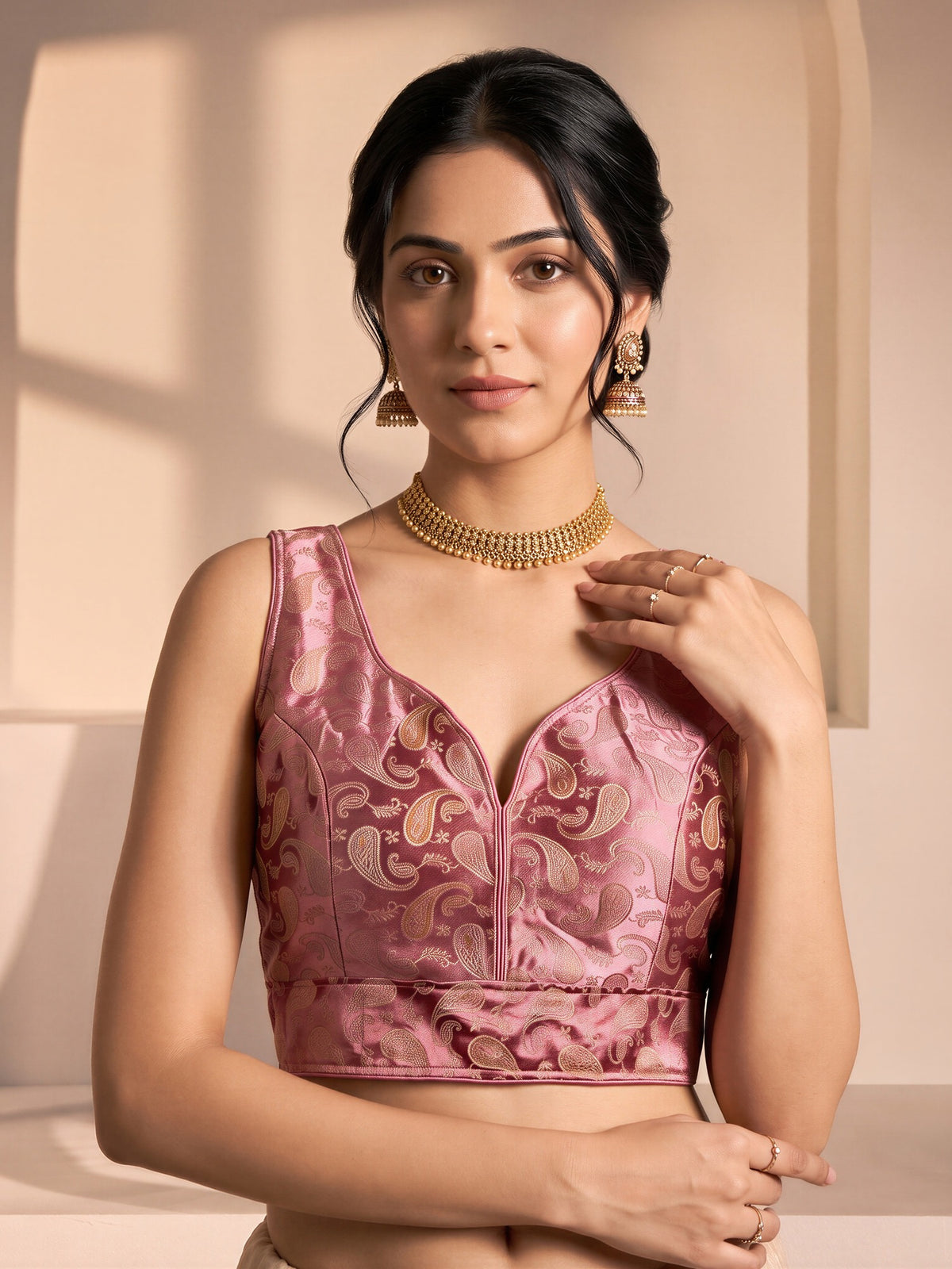 Mauve woven brocade silk blend sleeveless readymade saree blouse with v neck