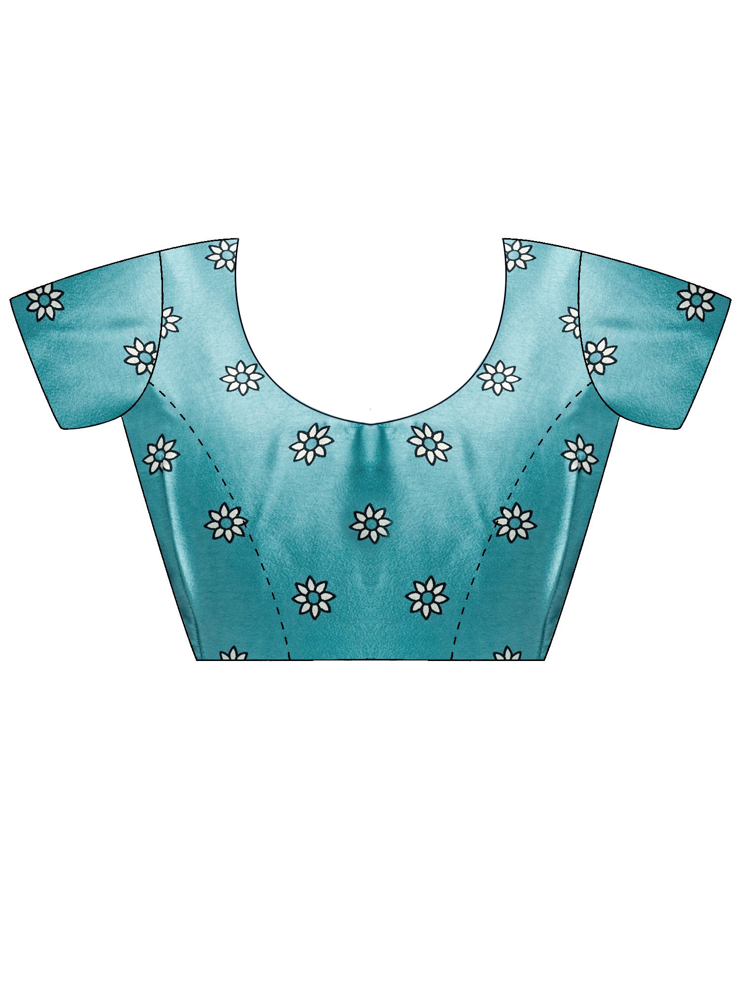 Unstitched turquoise blue satin blouse piece with ethnic motif design