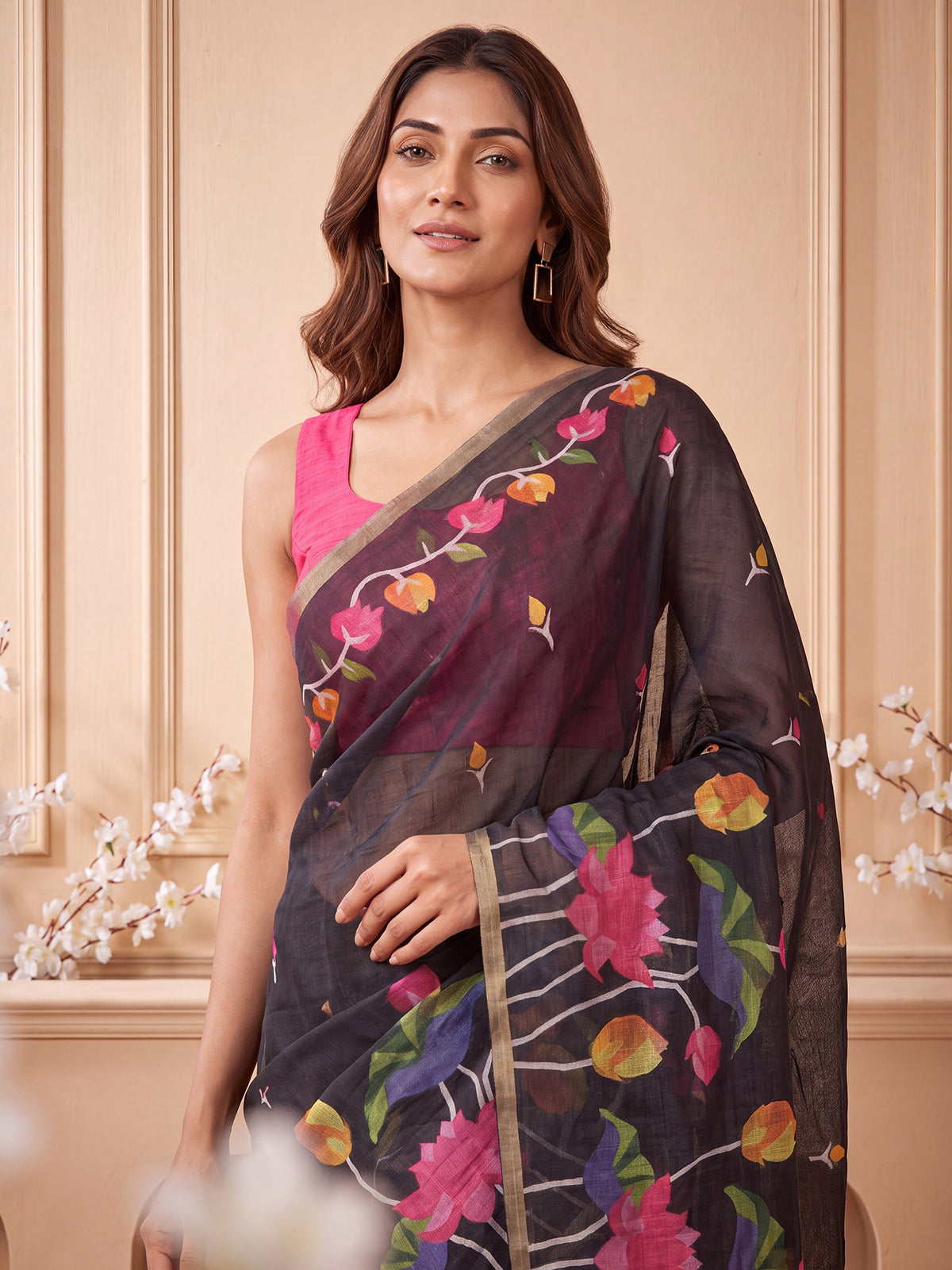 Black Cotton Linen saree – detail view 4