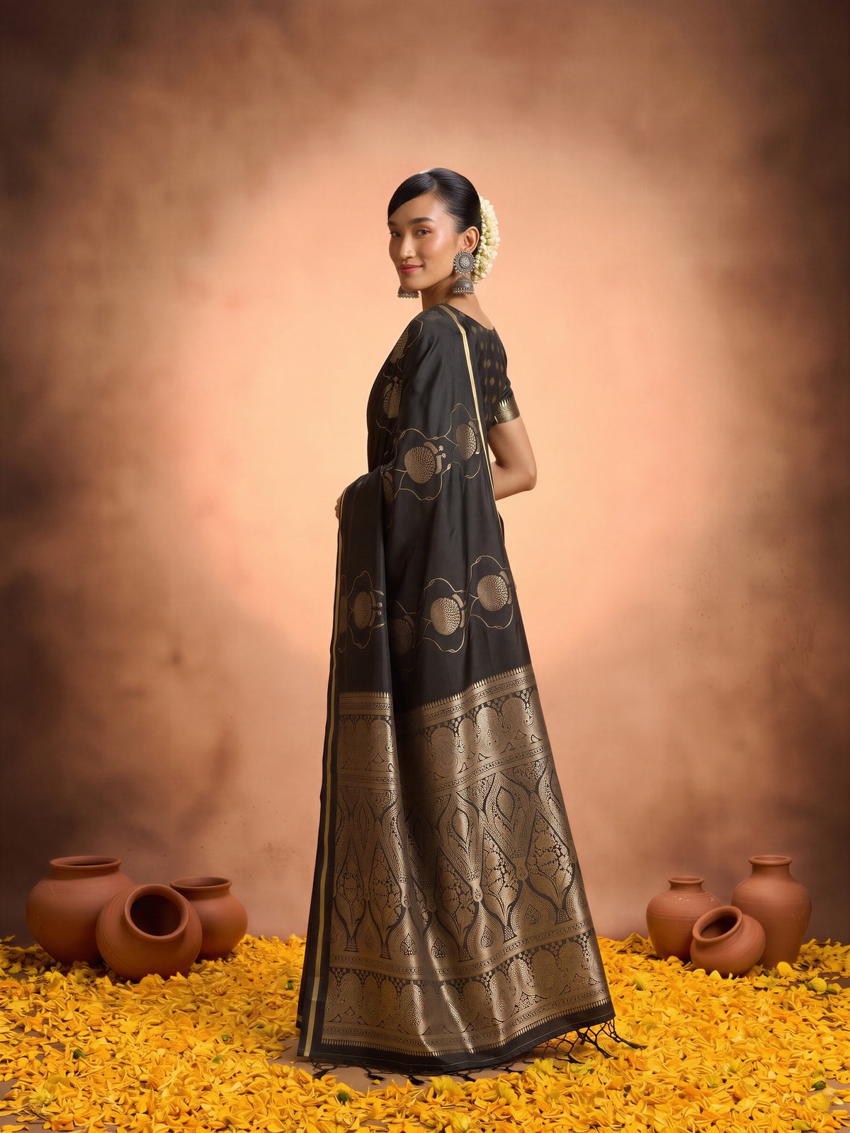 Black Satin saree – detail view 2