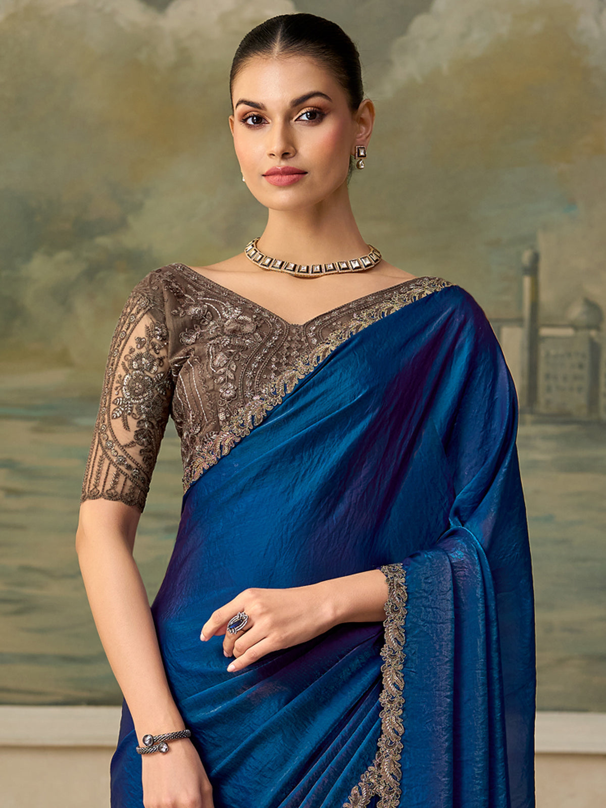 Blue Satin Silk saree – detail view 2
