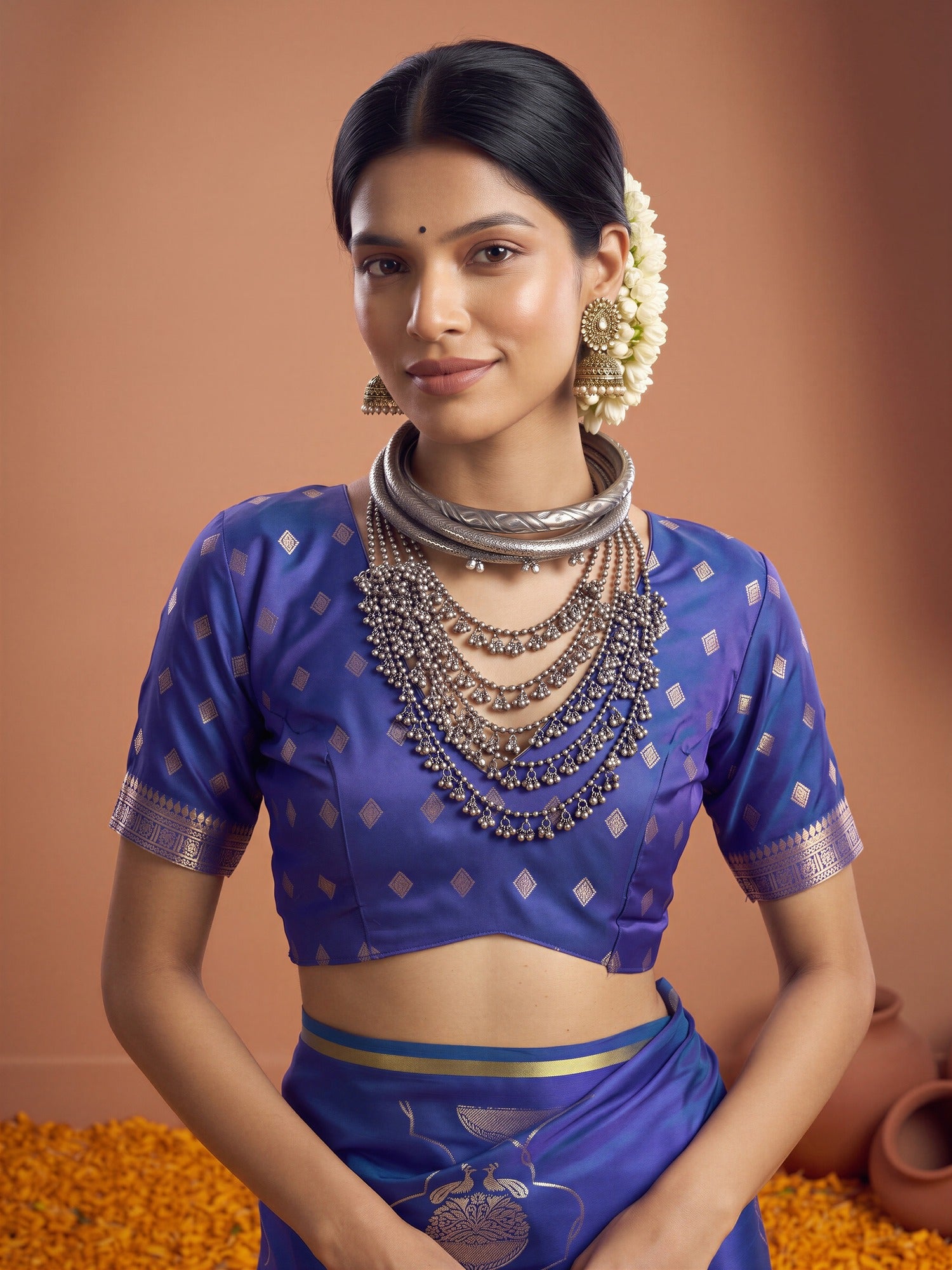 Unstitched blue satin blouse piece with woven design design