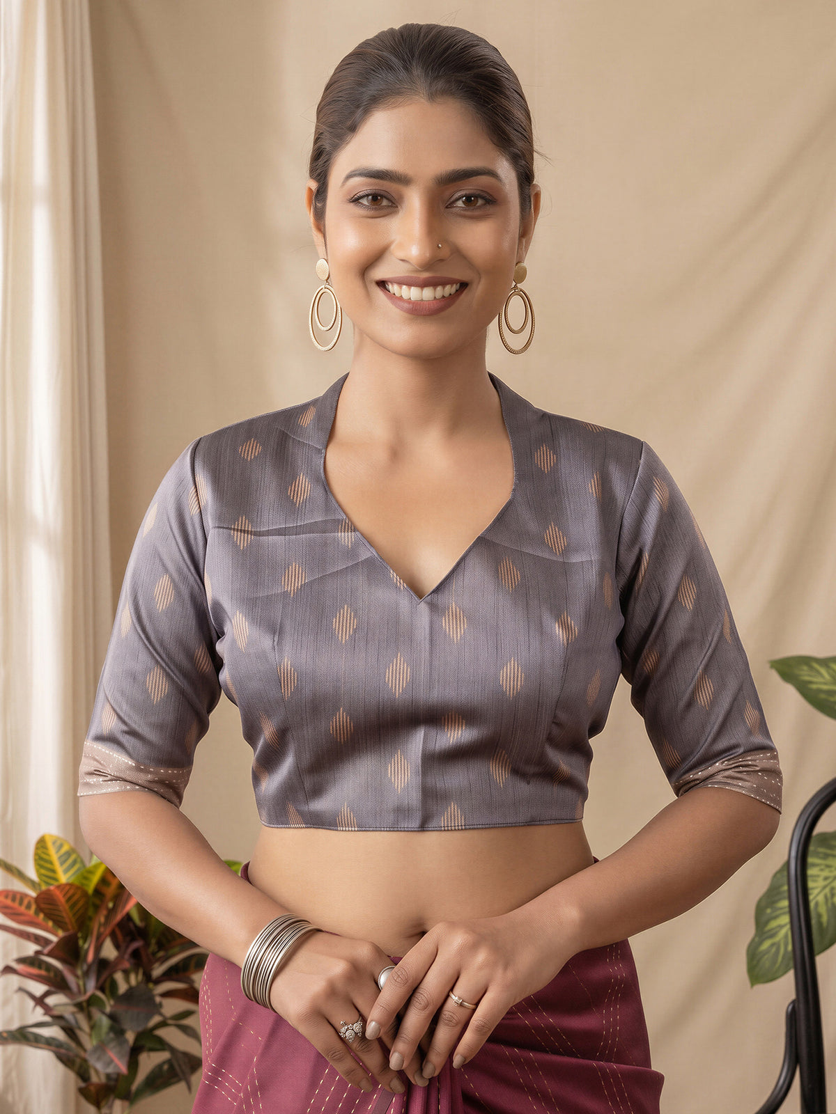 Unstitched grey silk cotton blouse piece with geometric design
