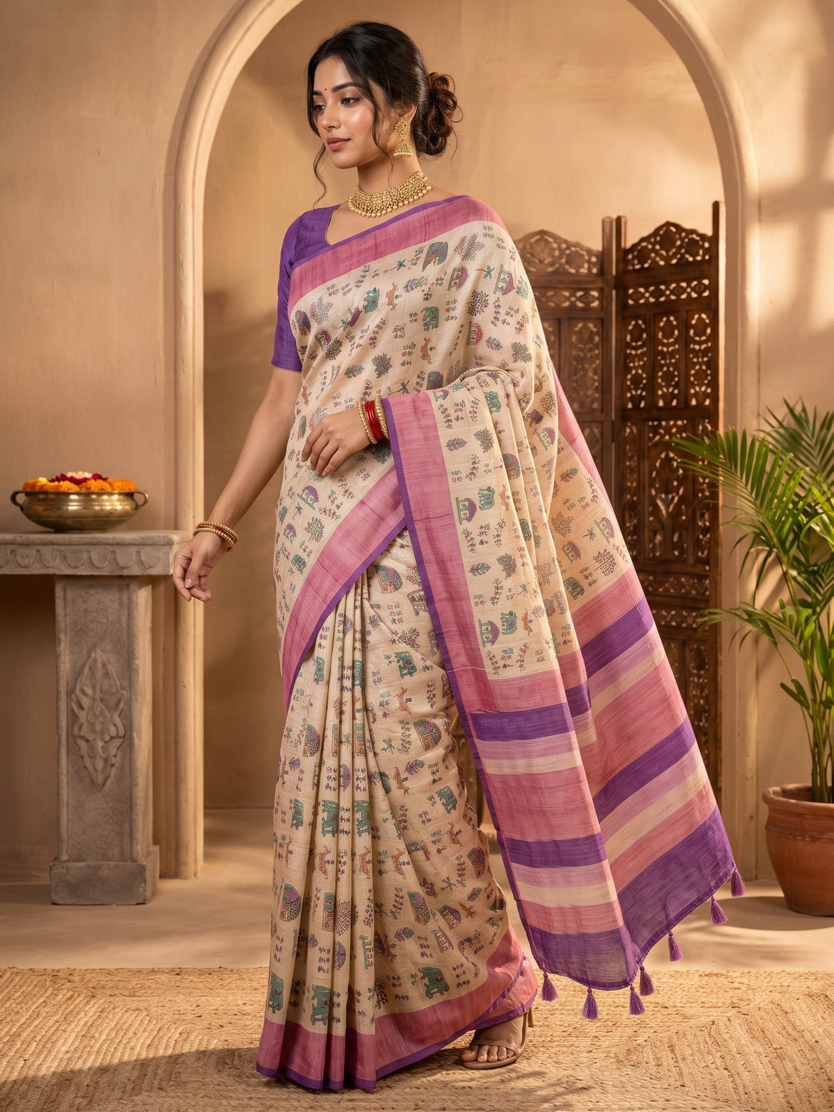 Beige soft silk saree view 2