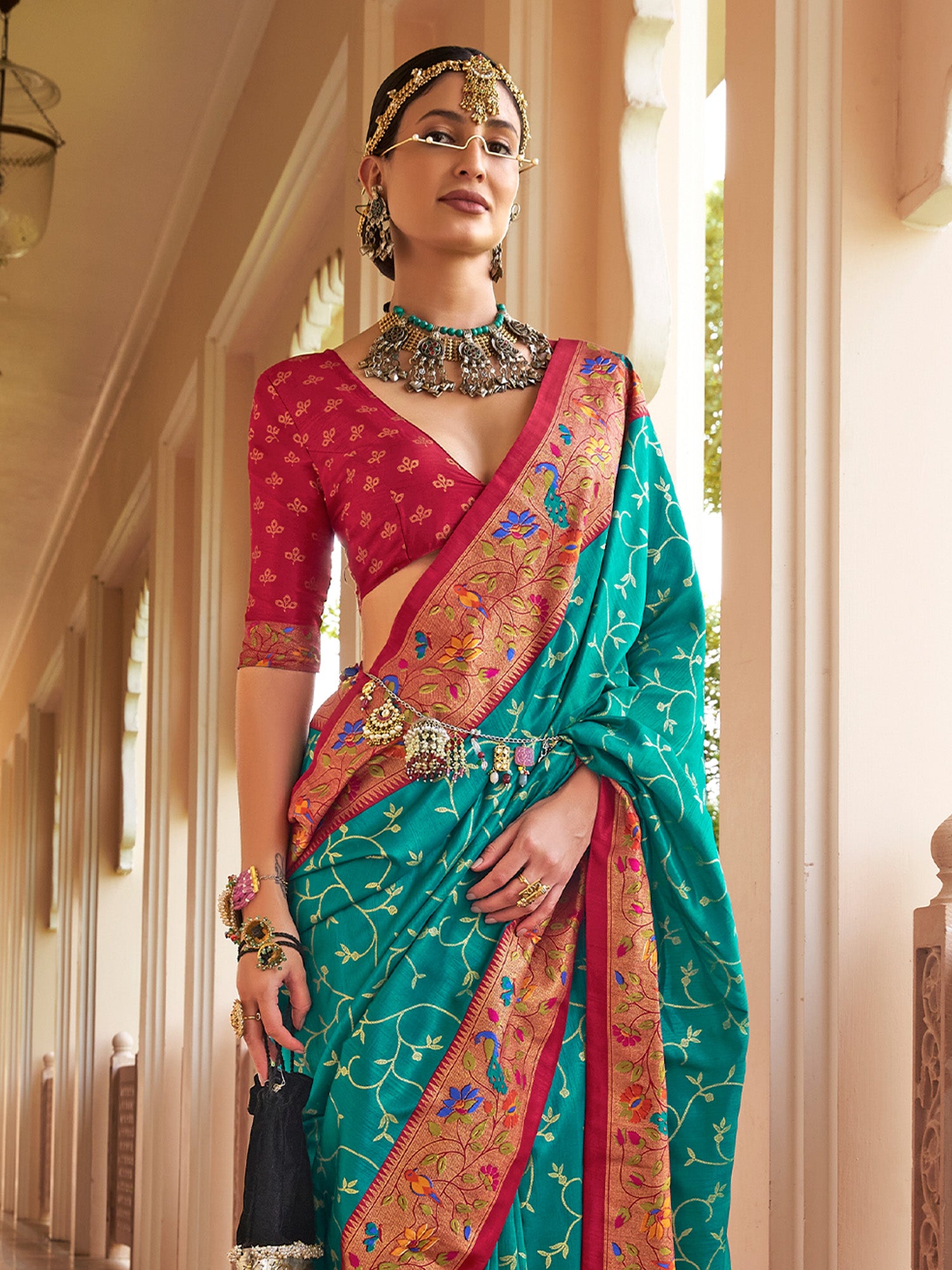 Turquoise Silk Blend saree – detail view 3