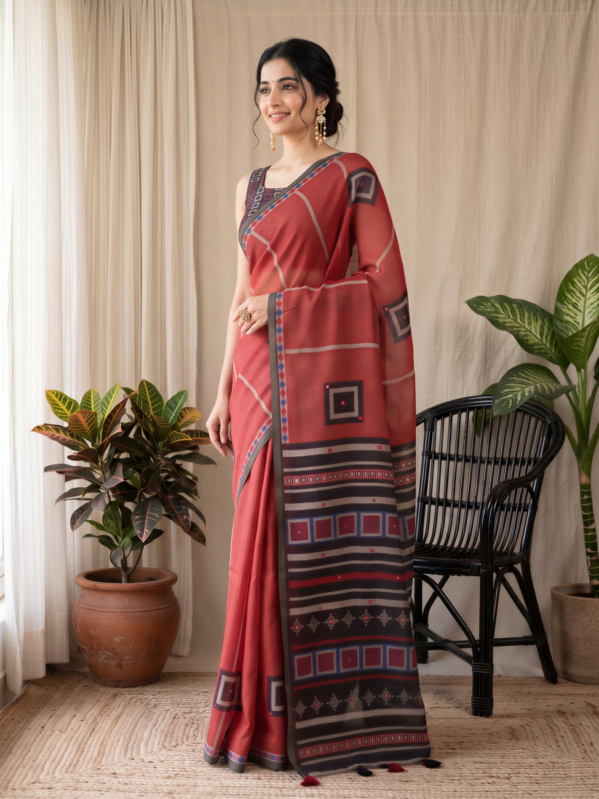 Rust Linen Blend saree – detail view 2