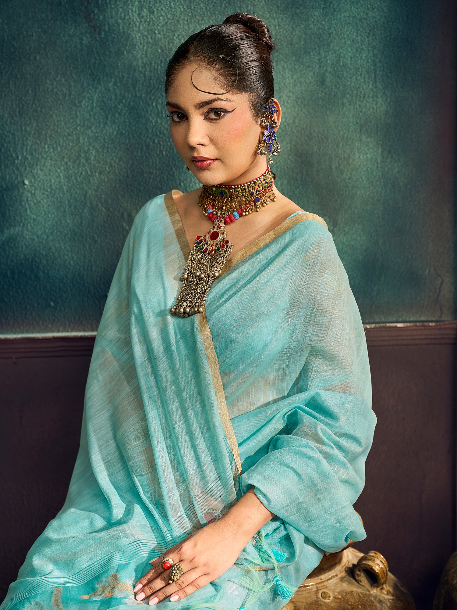 Light Blue Muga Cotton saree – detail view 3