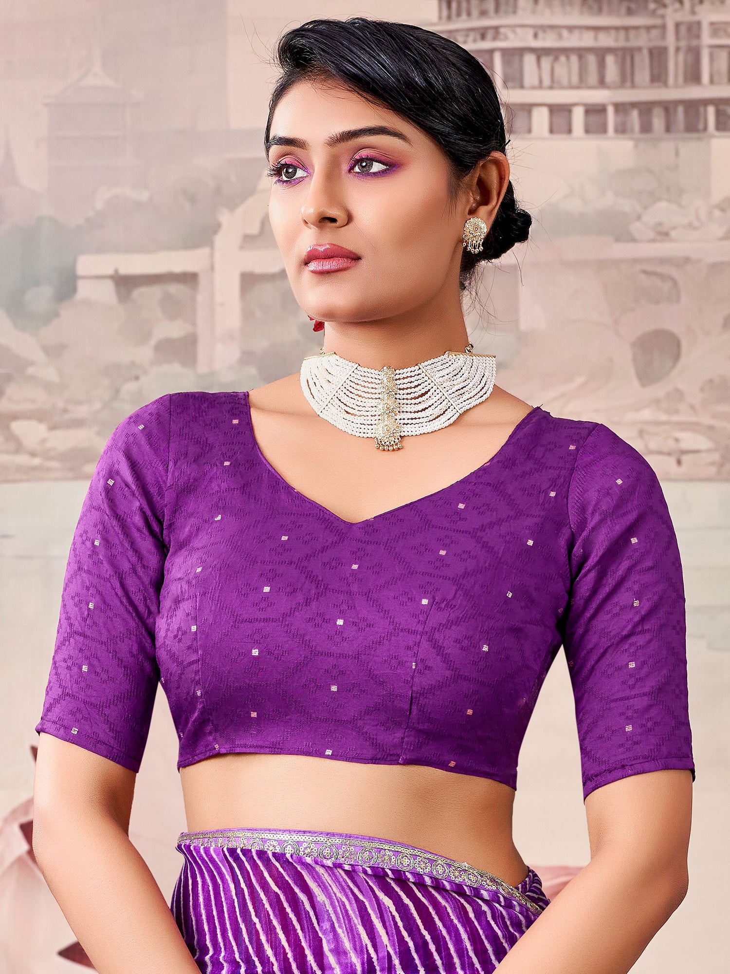 Unstitched purple georgette blouse piece with zari butta design