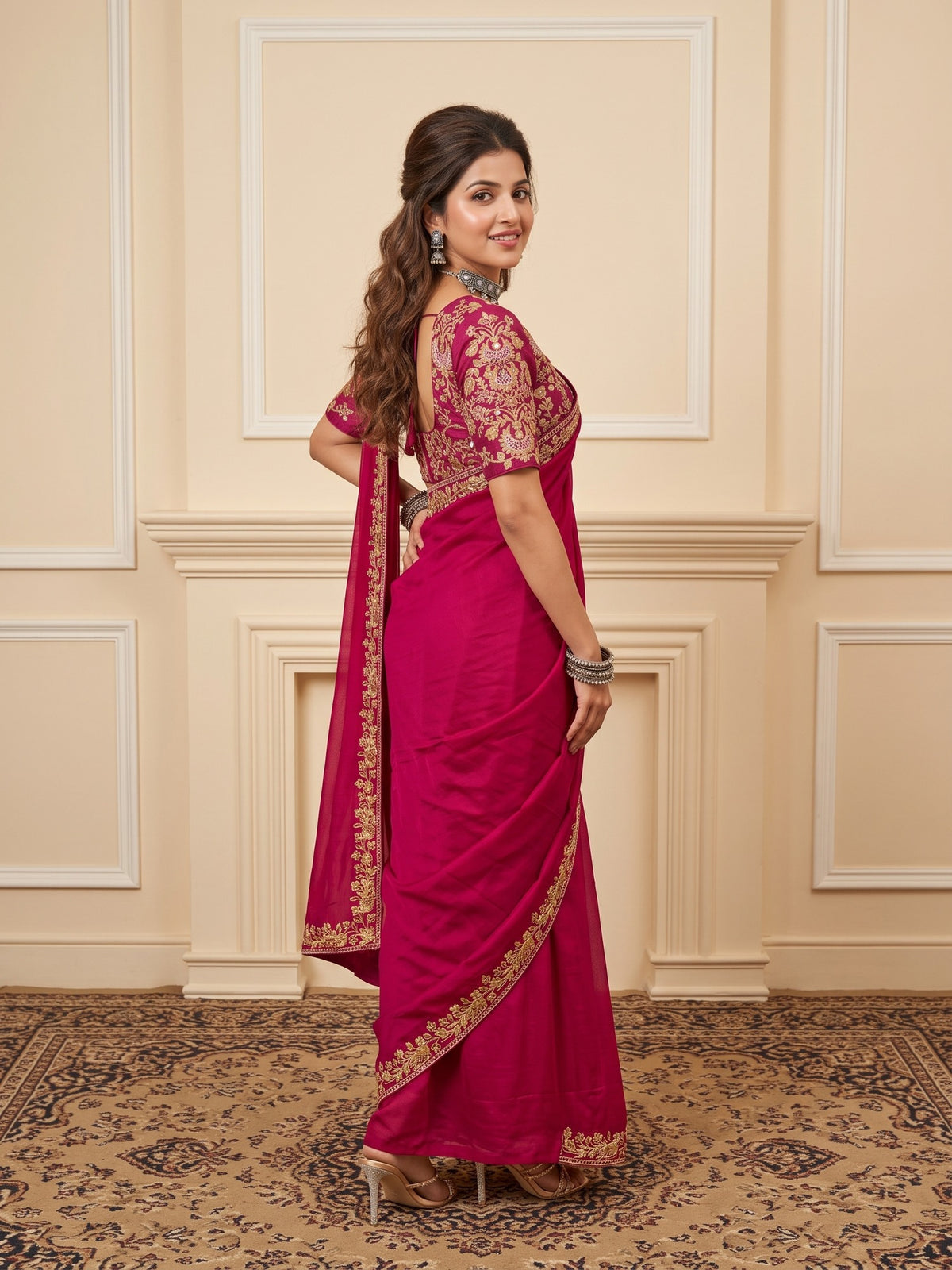 Pink Vichitra Silk saree – detail view 2