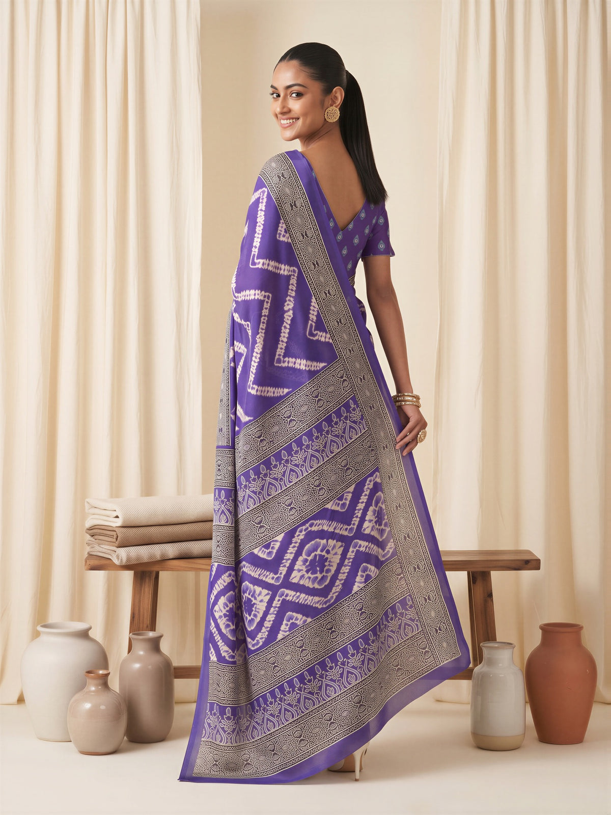 Violet Satin saree – detail view 1