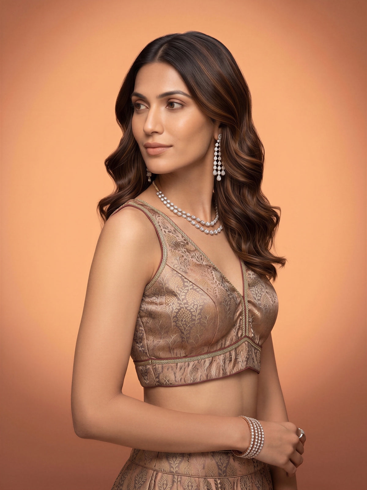 Bronze woven brocade silk blend sleeveless readymade saree blouse with deep v neck view 1