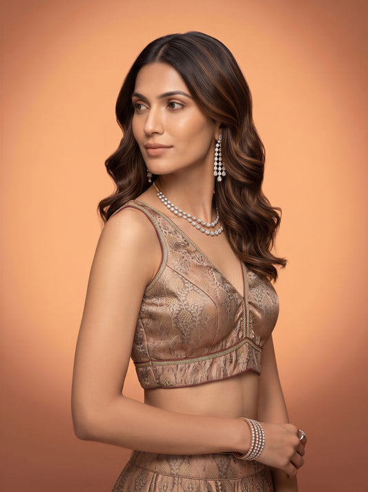 Bronze woven brocade silk blend sleeveless readymade saree blouse with deep v neck view 1