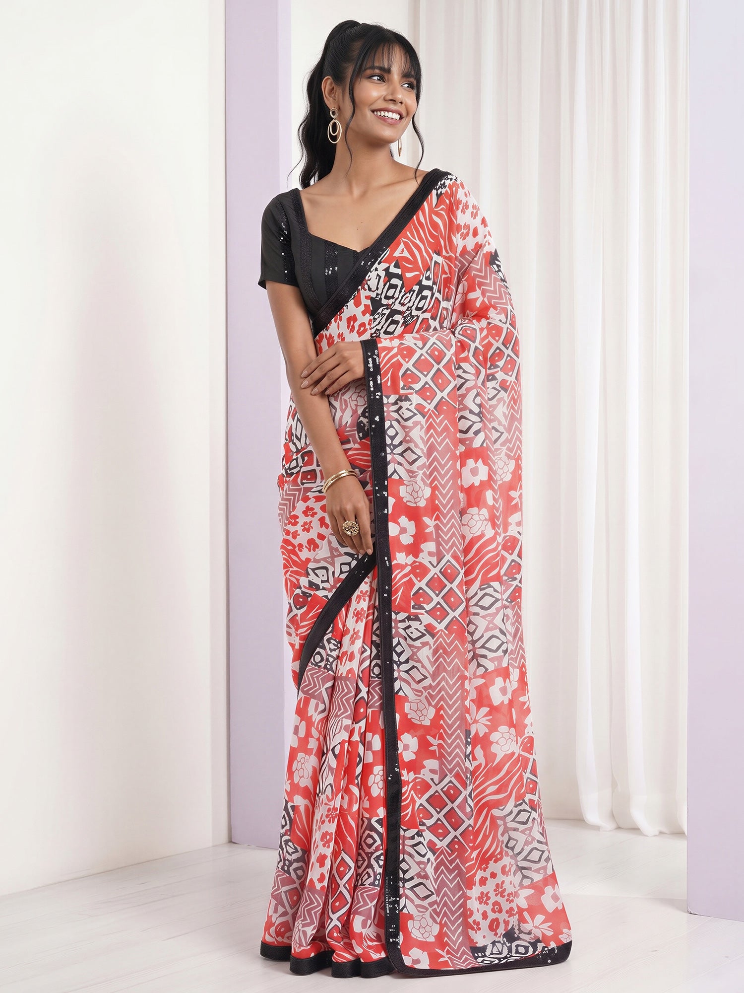 Orange Pure Georgette saree – detail view 3