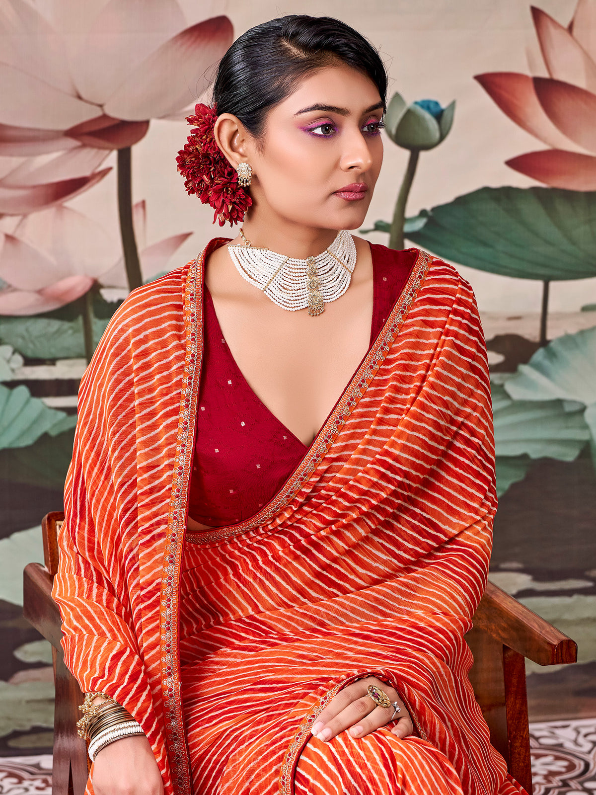 Orange Georgette saree – detail view 3