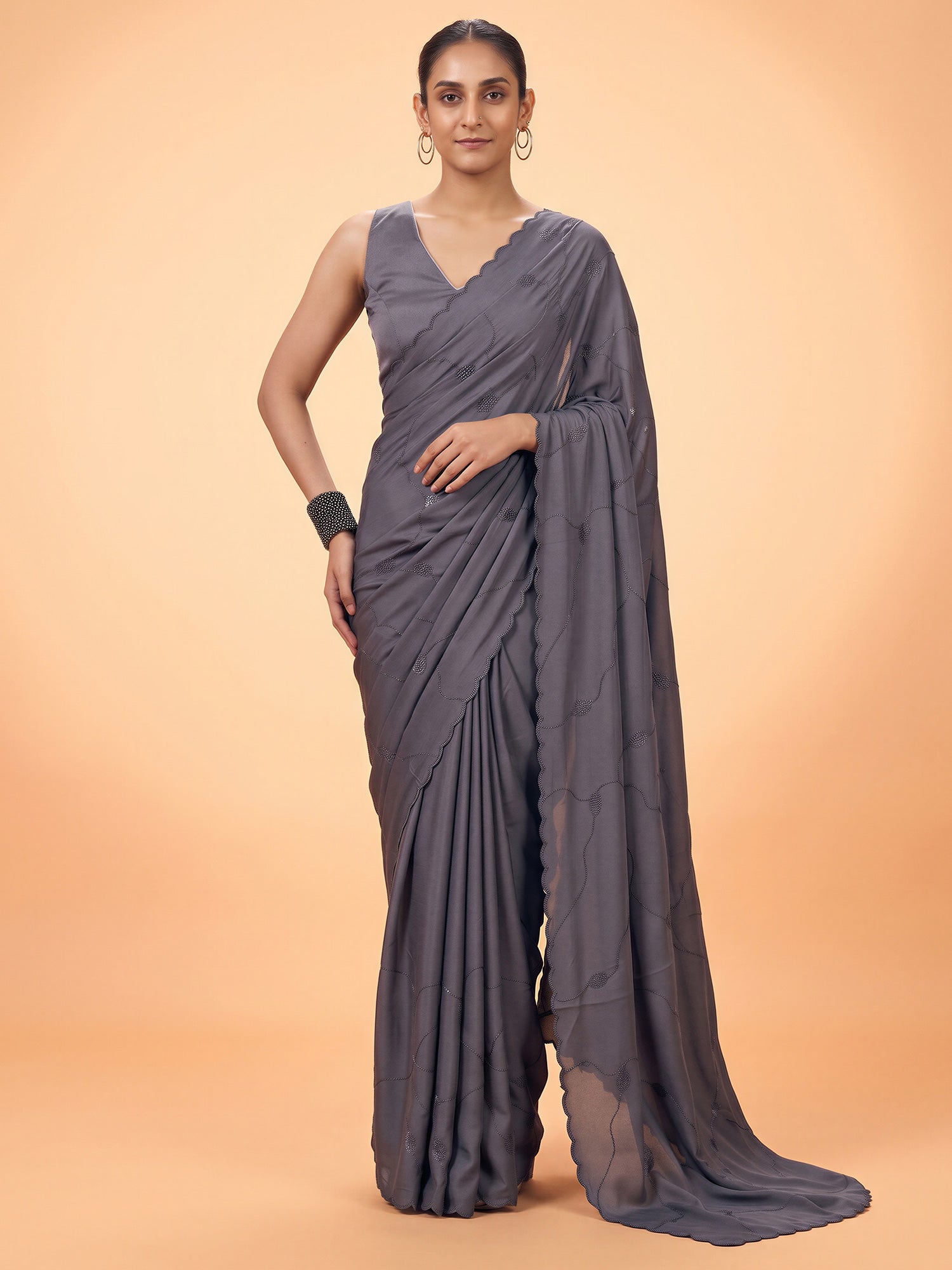 Charcoal Grey Satin Silk saree – detail view 3