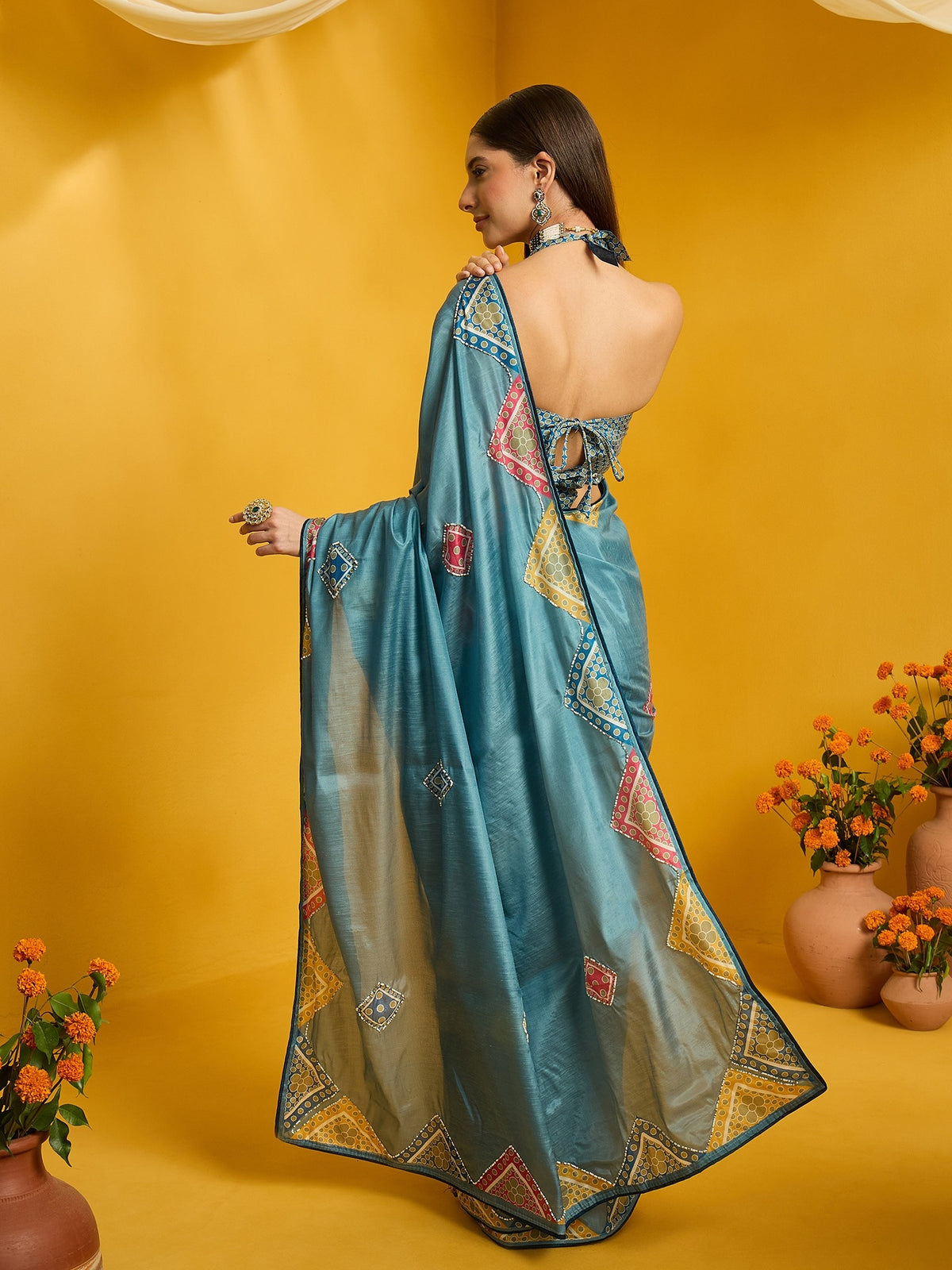 Teal Blue Silk Cotton saree – detail view 6