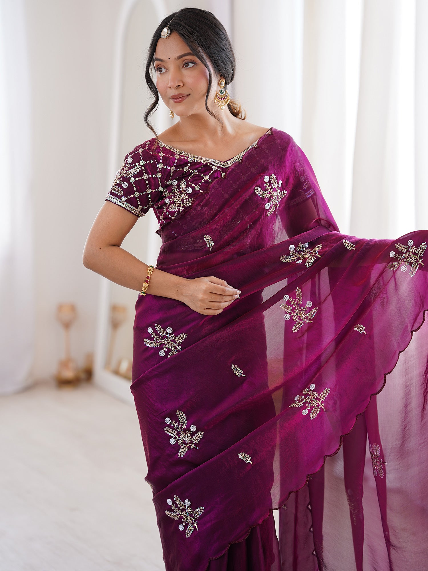 Purple Satin saree – detail view 4