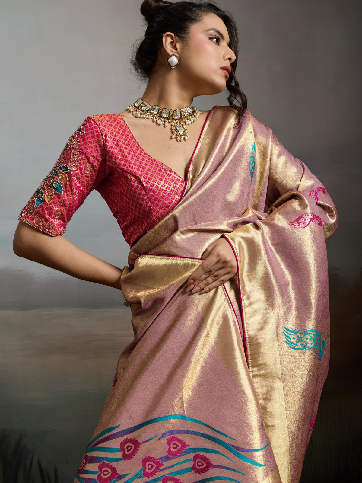 Pink Banarasi Silk saree – detail view 1