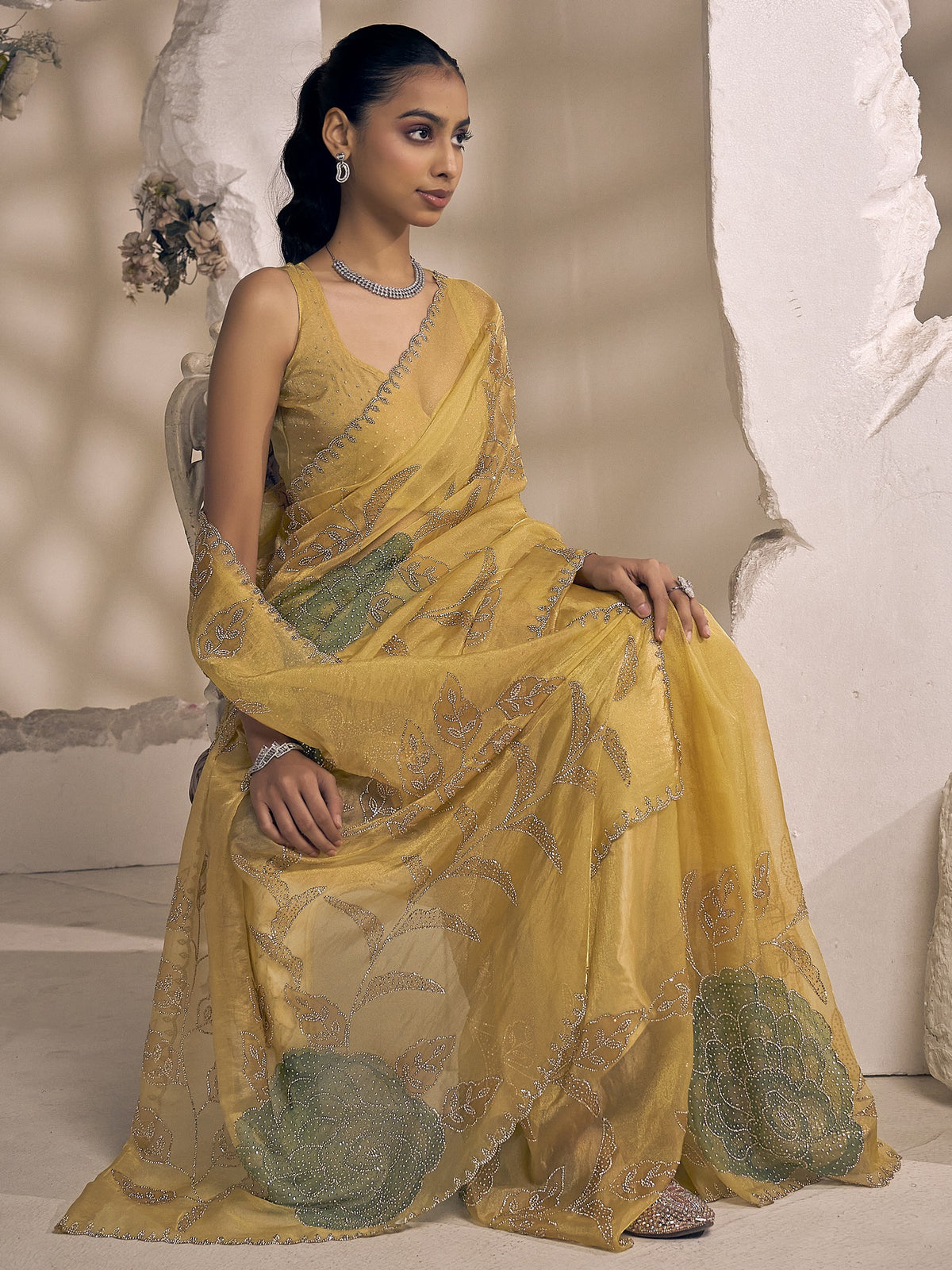 Yellow organza saree view 3