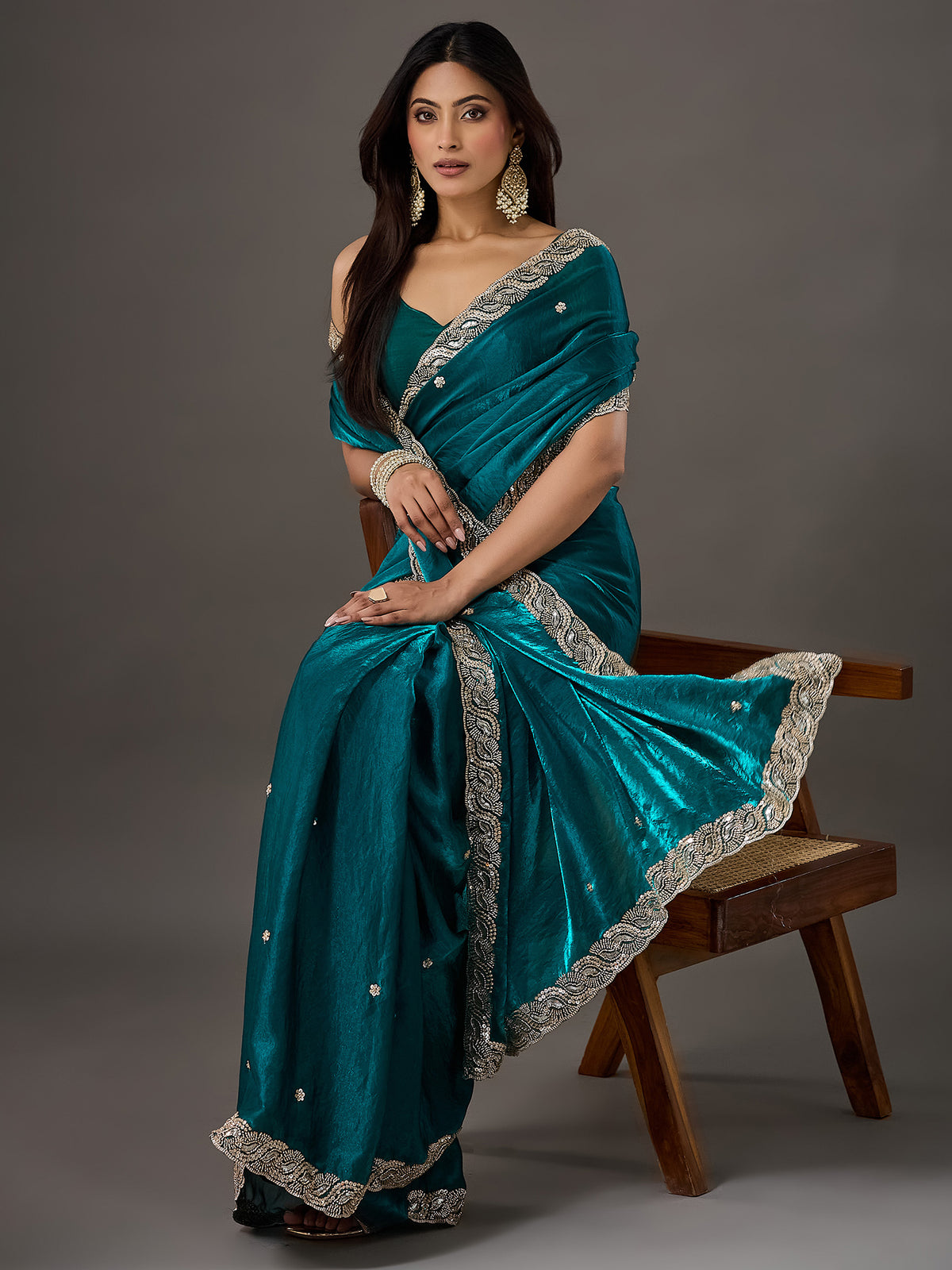 Teal Green Satin saree – detail view 2