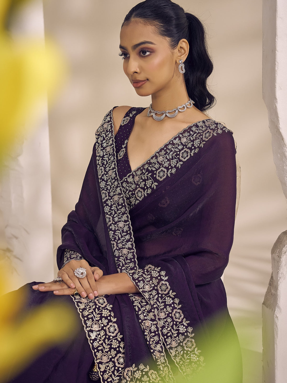 Purple satin silk saree view 4
